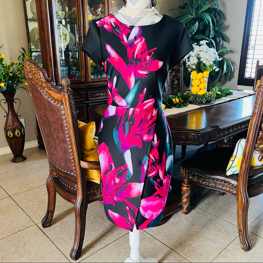 Worthington | black/pink floral midi dress | size 6